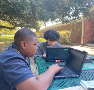wo students work on laptops at an outdoor table under a tree, with books nearby.