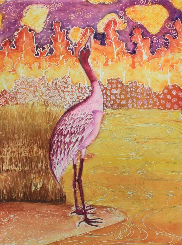 A painting of a pink bird