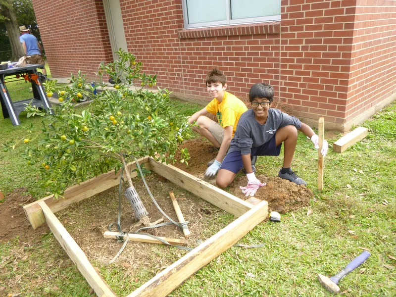 Two students kneeling on the ground, building protective boxes for the school's citrus trees. They are smiling at the camera. 