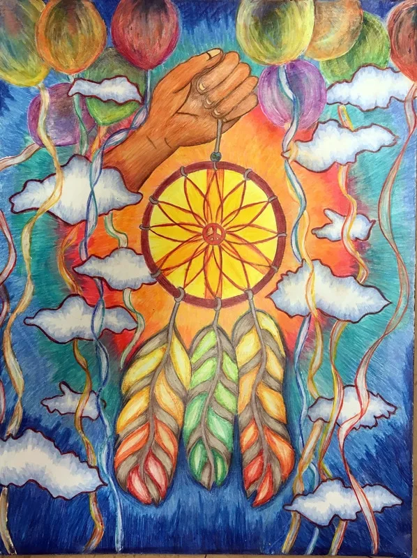 A painting of a circle with feathers