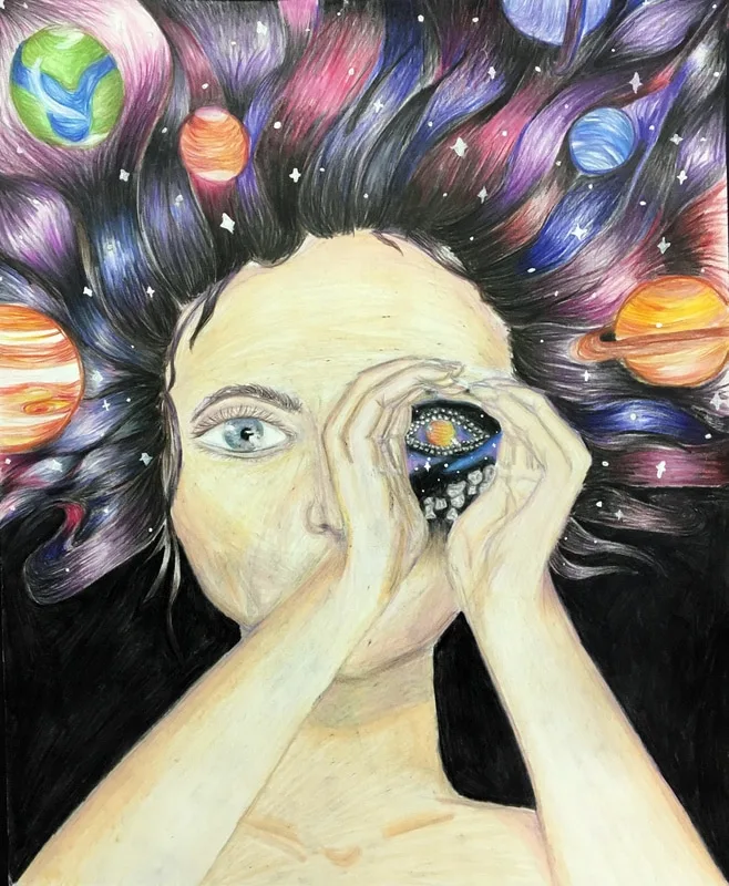 Artwork of a face with space-themed hair and planets, eye viewing a galaxy through fingers.