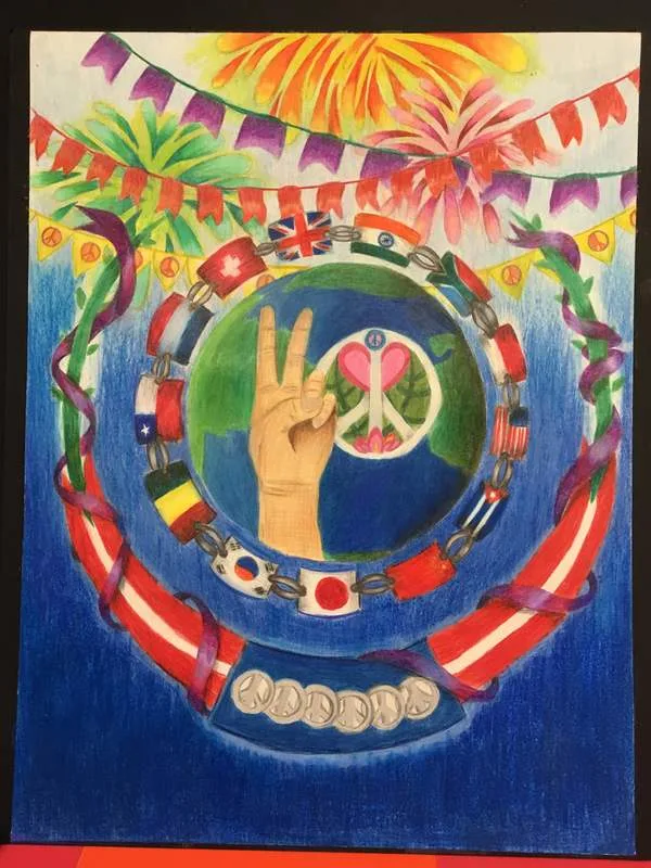 A painting of a hand making a peace sign. The hand is surrounded by flags of several countries.