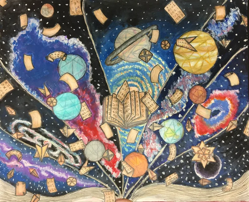 A painting of books, planets, and stars on a dark background
