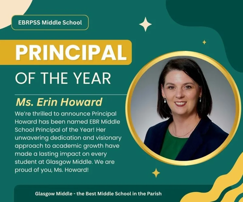 Poster announcing “Principal of the Year” with photo and text honoring Ms. Erin Howard.