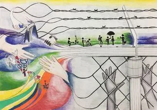 Drawing of bridge, barbed wire, dove, figures, and colorful shapes.