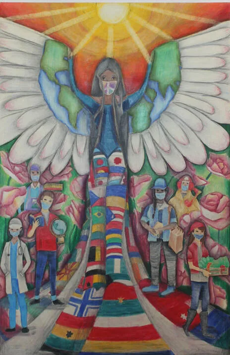 Artwork of winged figure holding Earth under sunlight, surrounded by masked people and flags.