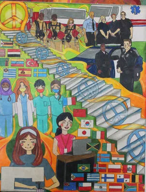 Colorful artwork showing vaccines, global unity, health workers, flags, and peace symbols.