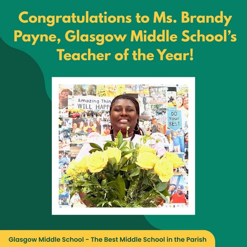 Poster congratulating Ms. Brandy Payne, Glasgow Middle School Teacher of the Year, with photo.