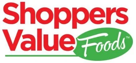 Red “Shoppers Value” text with green oval “Foods” logo and white script lettering.