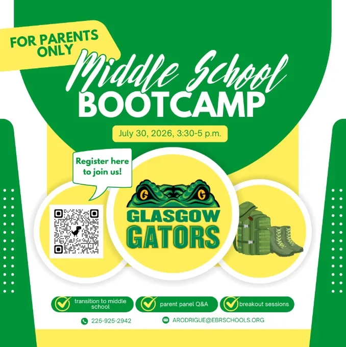 Flyer for “Middle School Bootcamp” July 30, 2026, with QR code, Glasgow Gators logo.