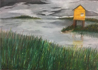 Artwork of marsh with tall grass and water, featuring a small yellow house on stilts.
