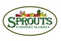 Green “Sprouts Farmers Market” logo with produce illustrations in an oval border.
