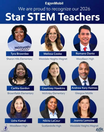 ExxonMobil 2026 Star STEM Teachers--nine educators’ portraits/names on blue.