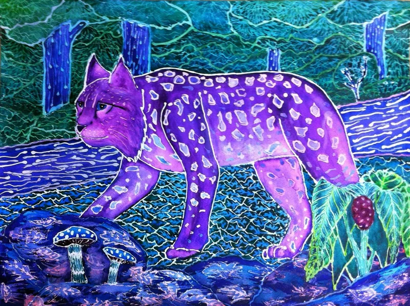 A painting of a purple catlike animal