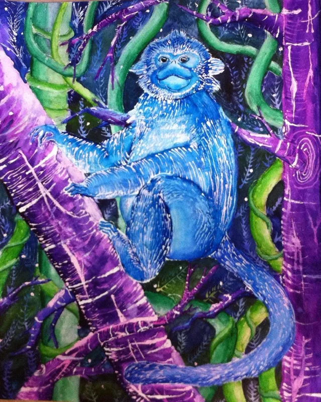 A painting of a blue monkey