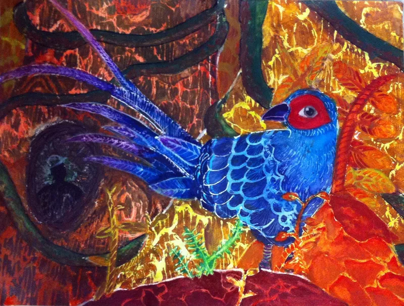 Vibrant painting of a blue bird on a branch with swirling, colorful abstract background.