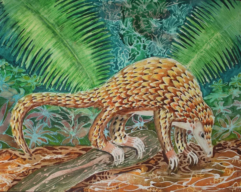 A painting of a brown animal standing in front of green leaves and plants